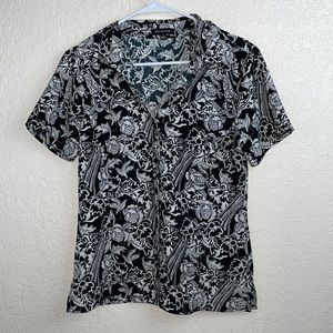 Notations v neck button down floral and squares top